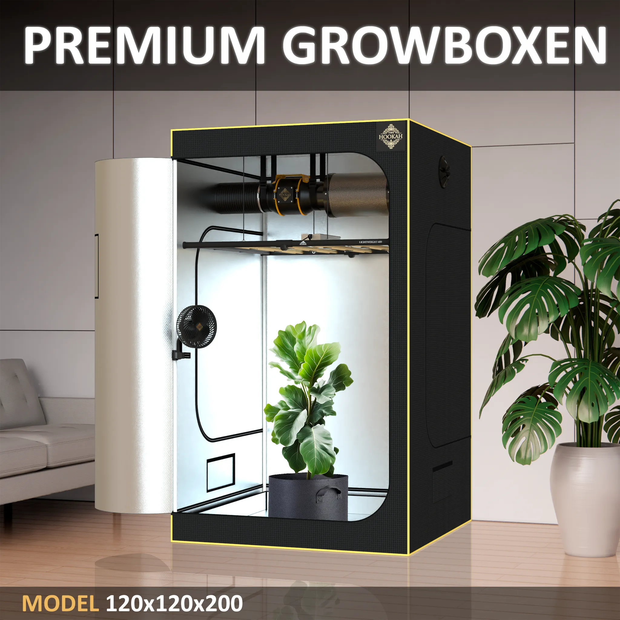D1680-Growzelt 120 × 120 × 200 cm mit abgebildeten Pflanzen und Zubehör in einem Wohnraum