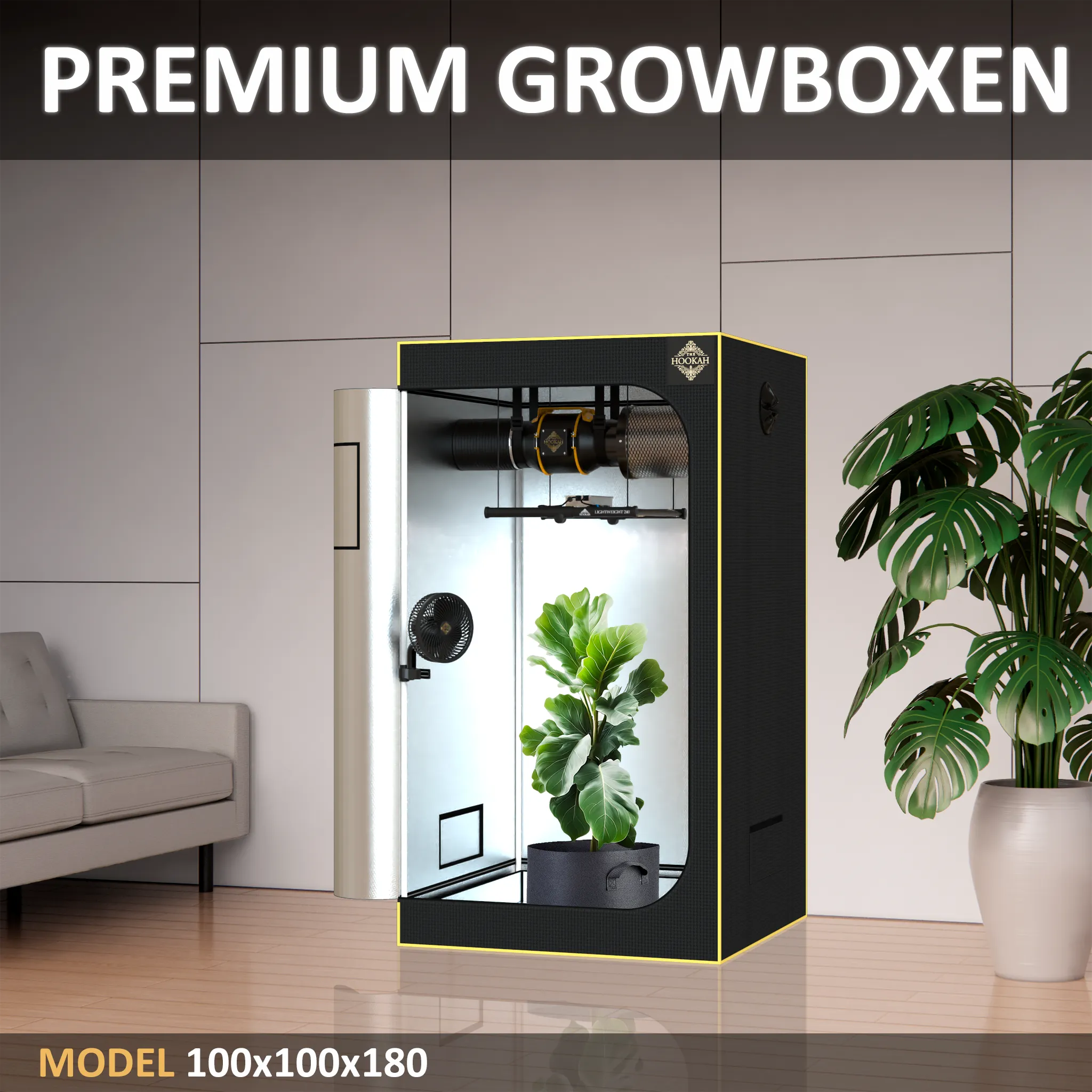 D1680-Growzelt 100 × 100 × 180 cm mit abgebildeten Pflanzen und Zubehör in einem Wohnraum