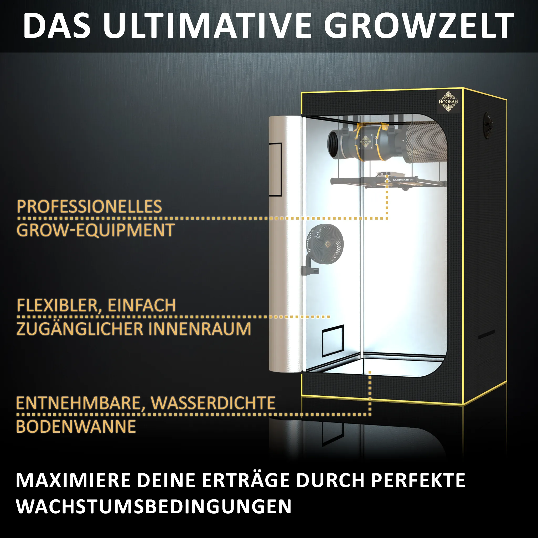 Offenes D1680-Growzelt 100 × 100 × 180 cm mit abgebildeter LED-Lampe und Lüftungsanlage