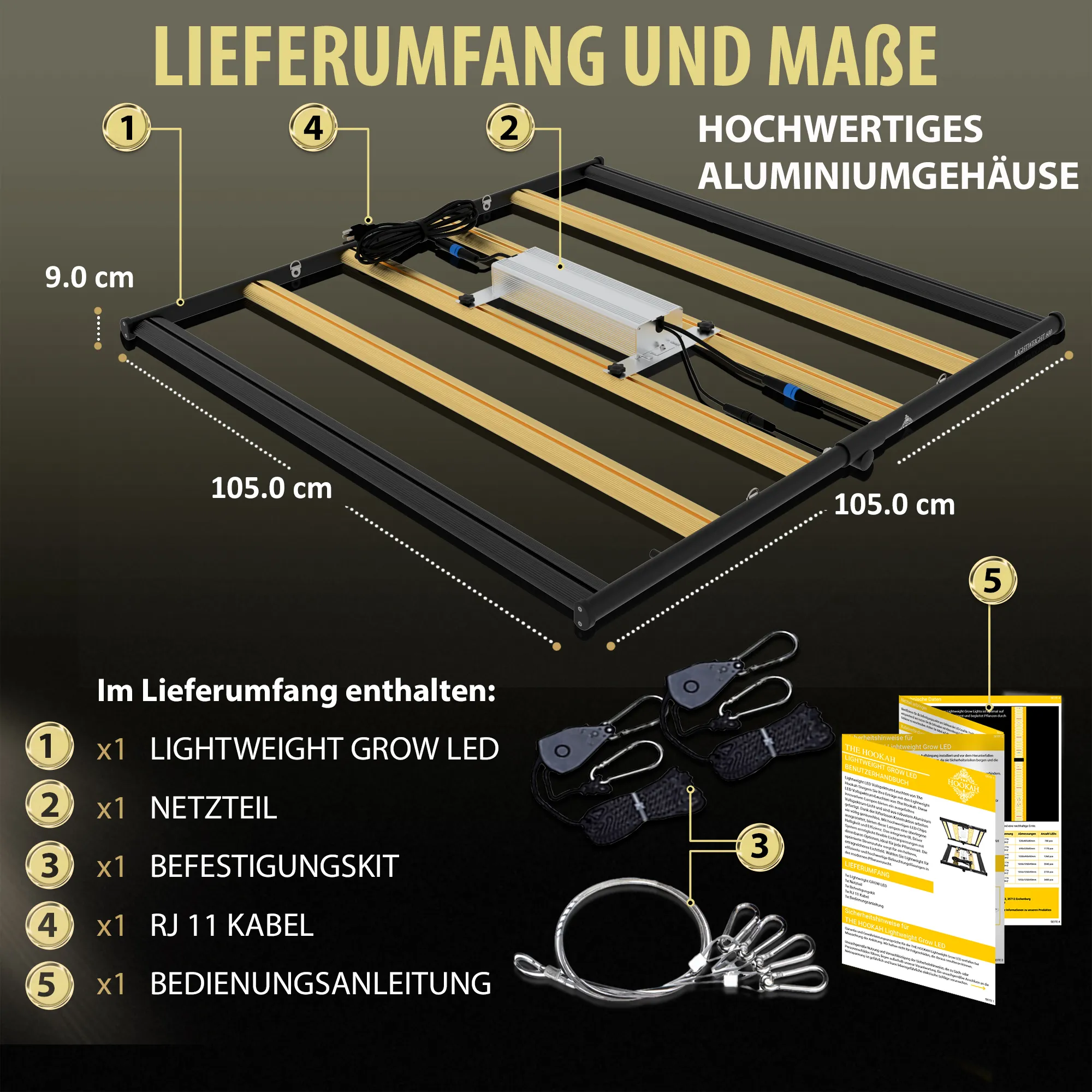 Maße und Lieferumfang der LIGHTWEIGHT 600-W-LED-Growlampe mit Netzteil und Befestigungskit