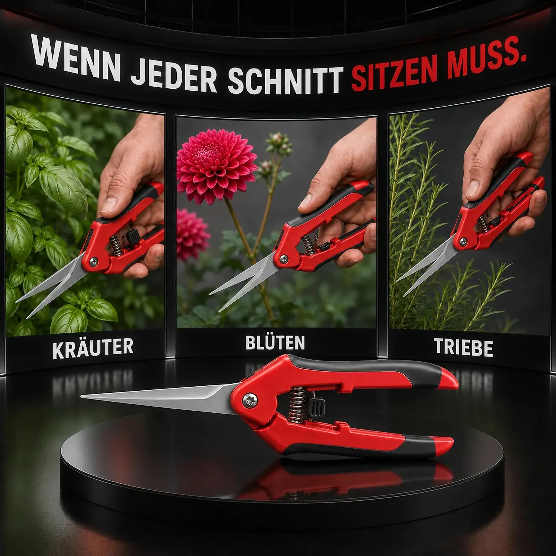 Rote Ernteschere beim Schneiden von Kräutern, Blüten und Trieben