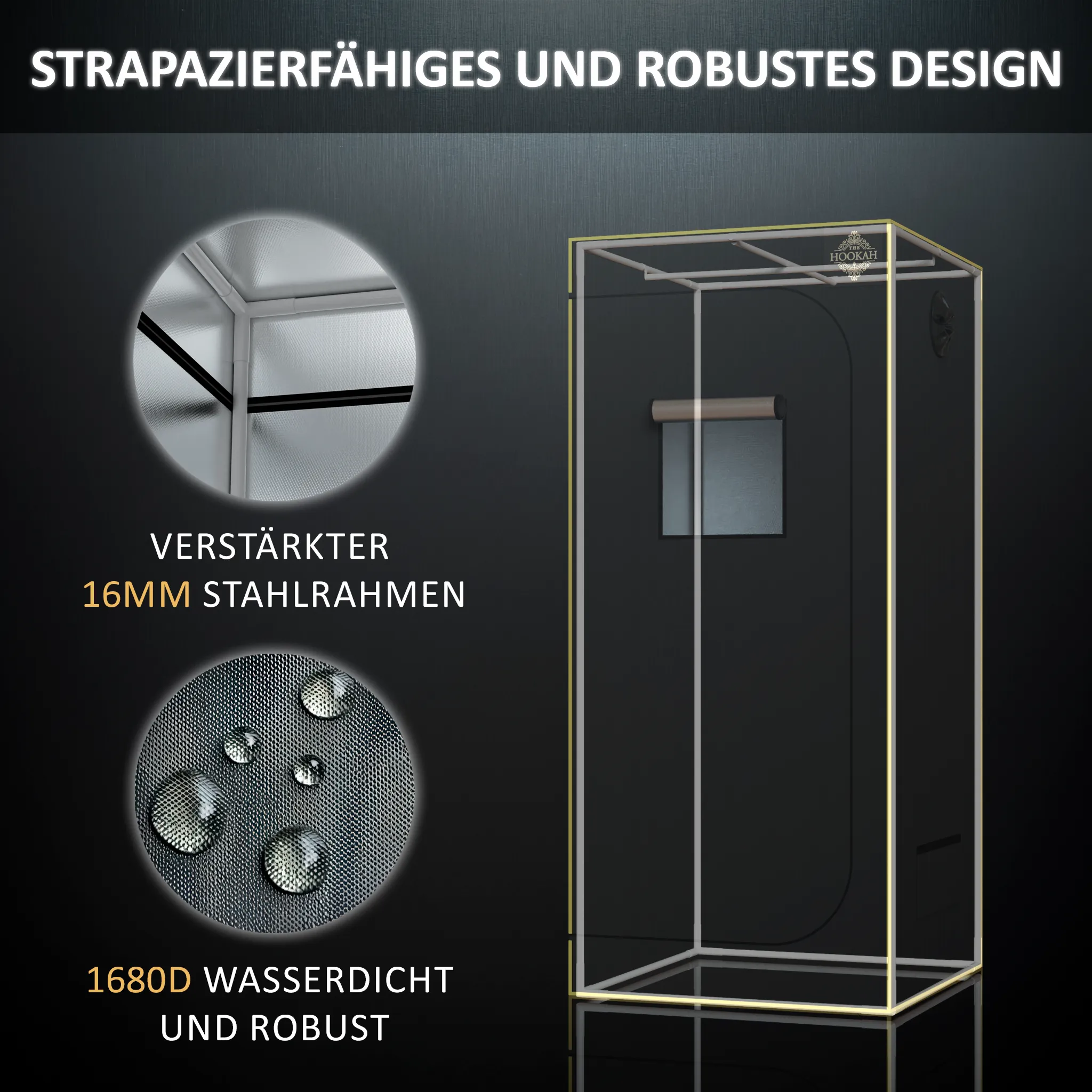 Gestell des D1680-Growzelts 80 × 80 × 180 cm mit Detailansichten der Stangen und Eckverbindungen