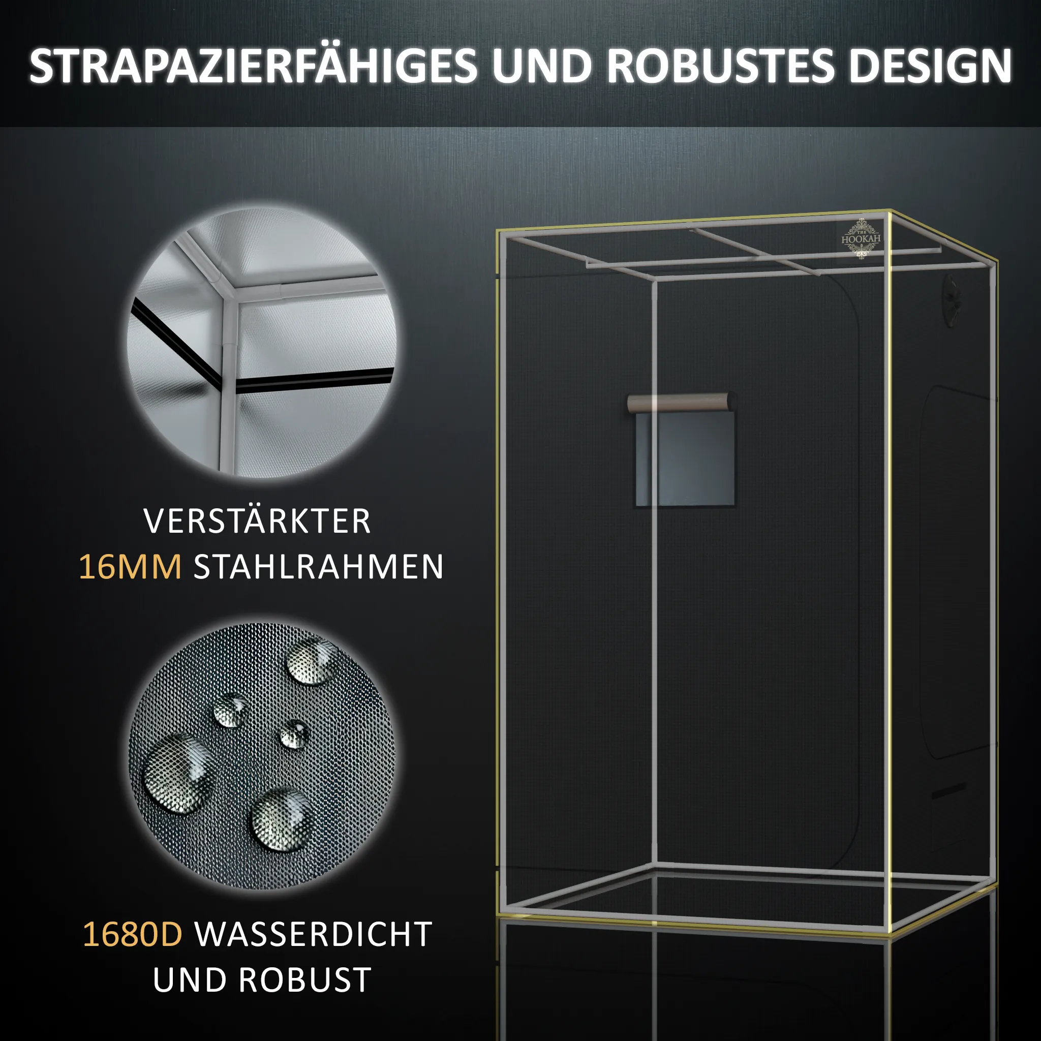 Gestell des D1680-Growzelts 120 × 120 × 200 cm mit Detailansichten der Stangen und Eckverbindungen