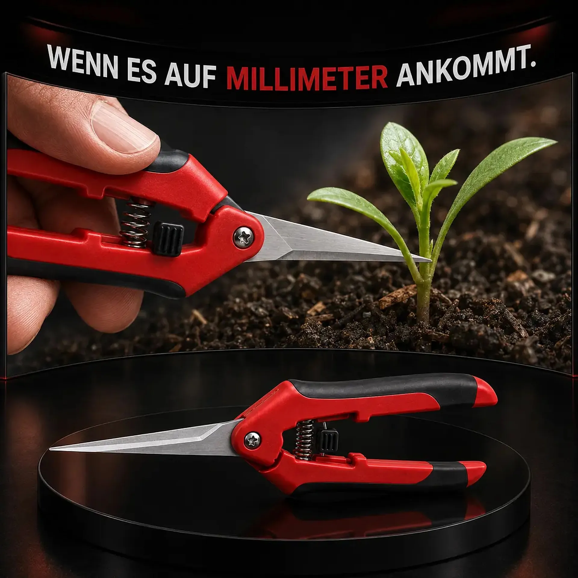 Rote Ernteschere beim präzisen Schnitt an einem jungen Trieb