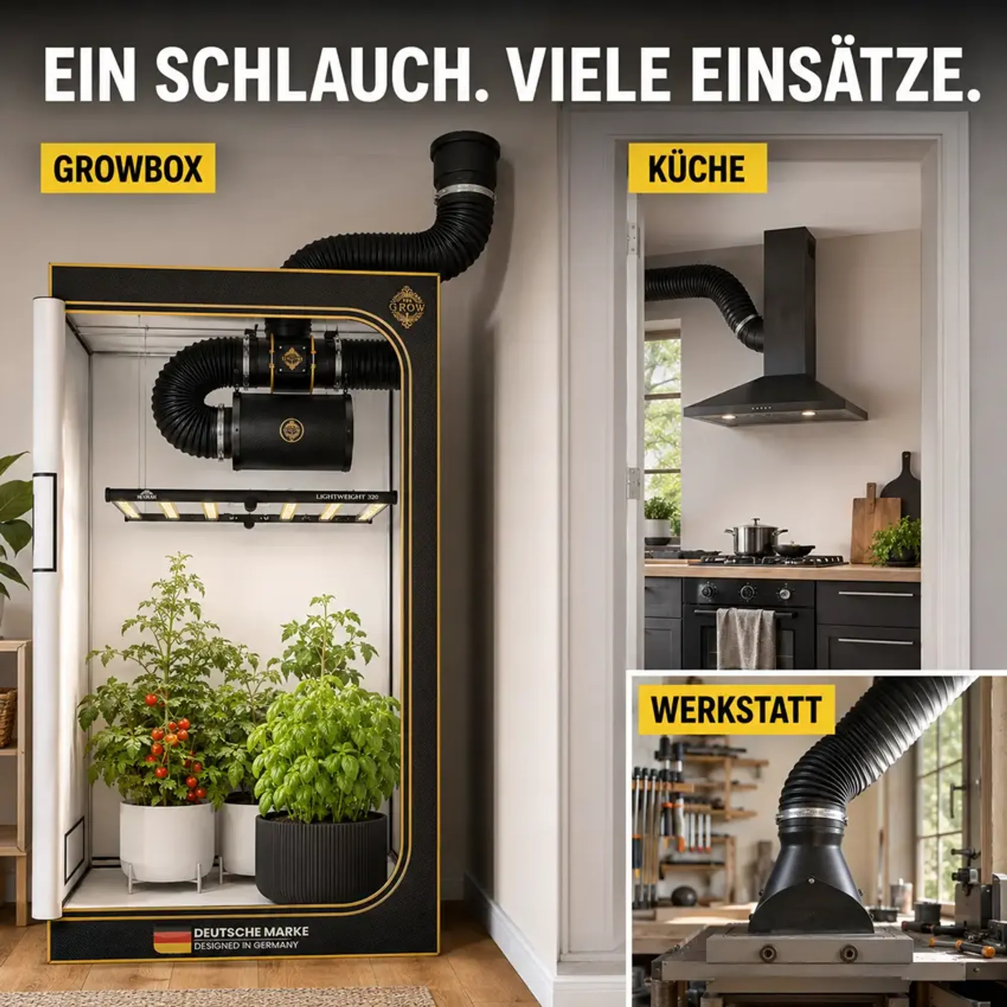 Flexibler schwarzer Abluftschlauch für Growbox, Raum und Werkstatt