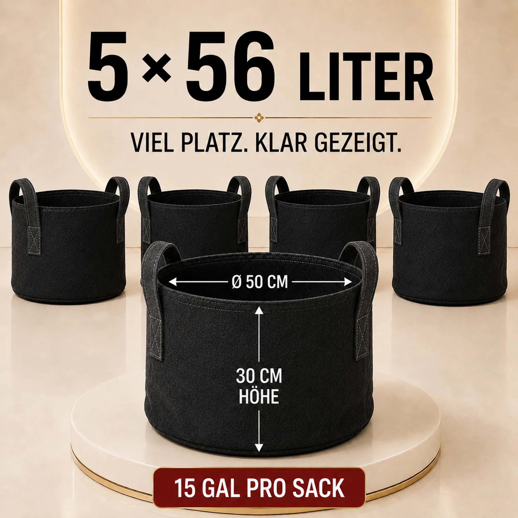 Fünf Pflanzsäcke mit je 56 Litern, 50 cm Durchmesser und 30 cm Höhe