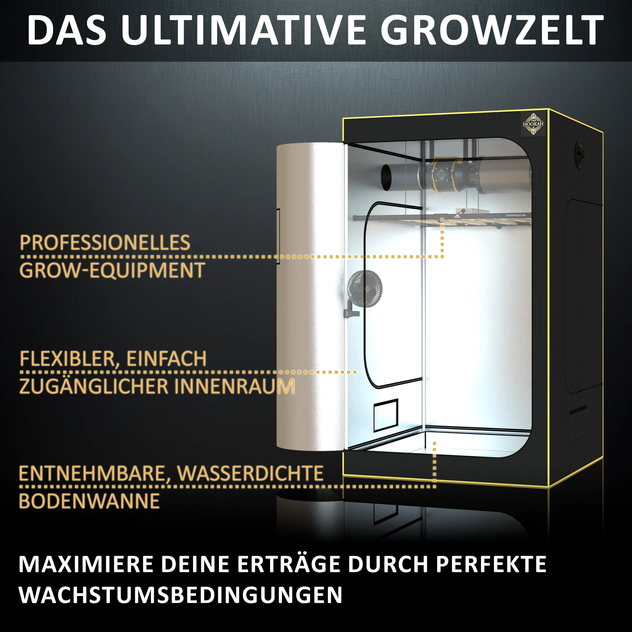 Offenes D1680-Growzelt 120 × 120 × 200 cm mit abgebildeter LED-Lampe und Lüftungsanlage