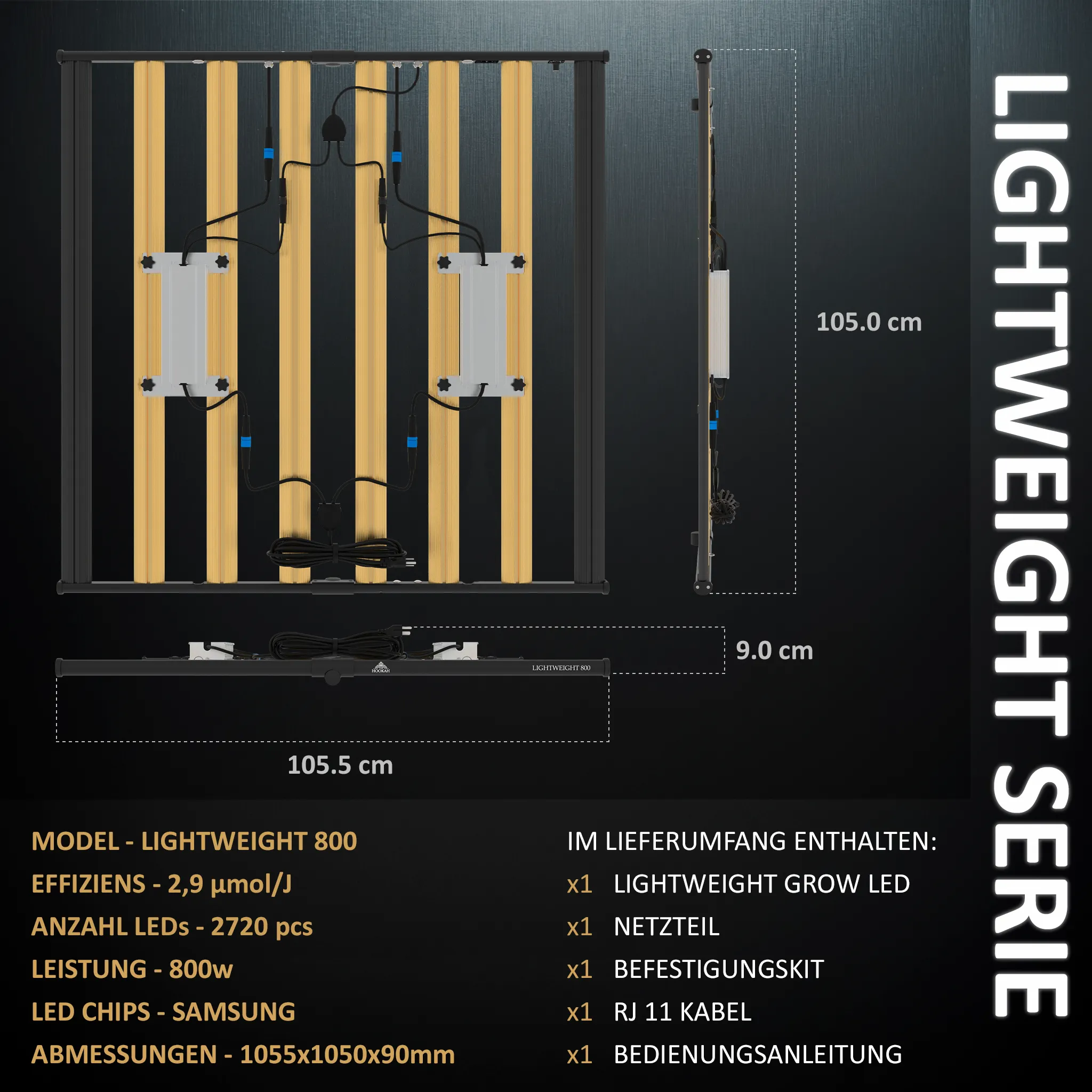 Maßgrafik der LIGHTWEIGHT 800 LED-Growlampe mit Rahmen und Lichtleisten