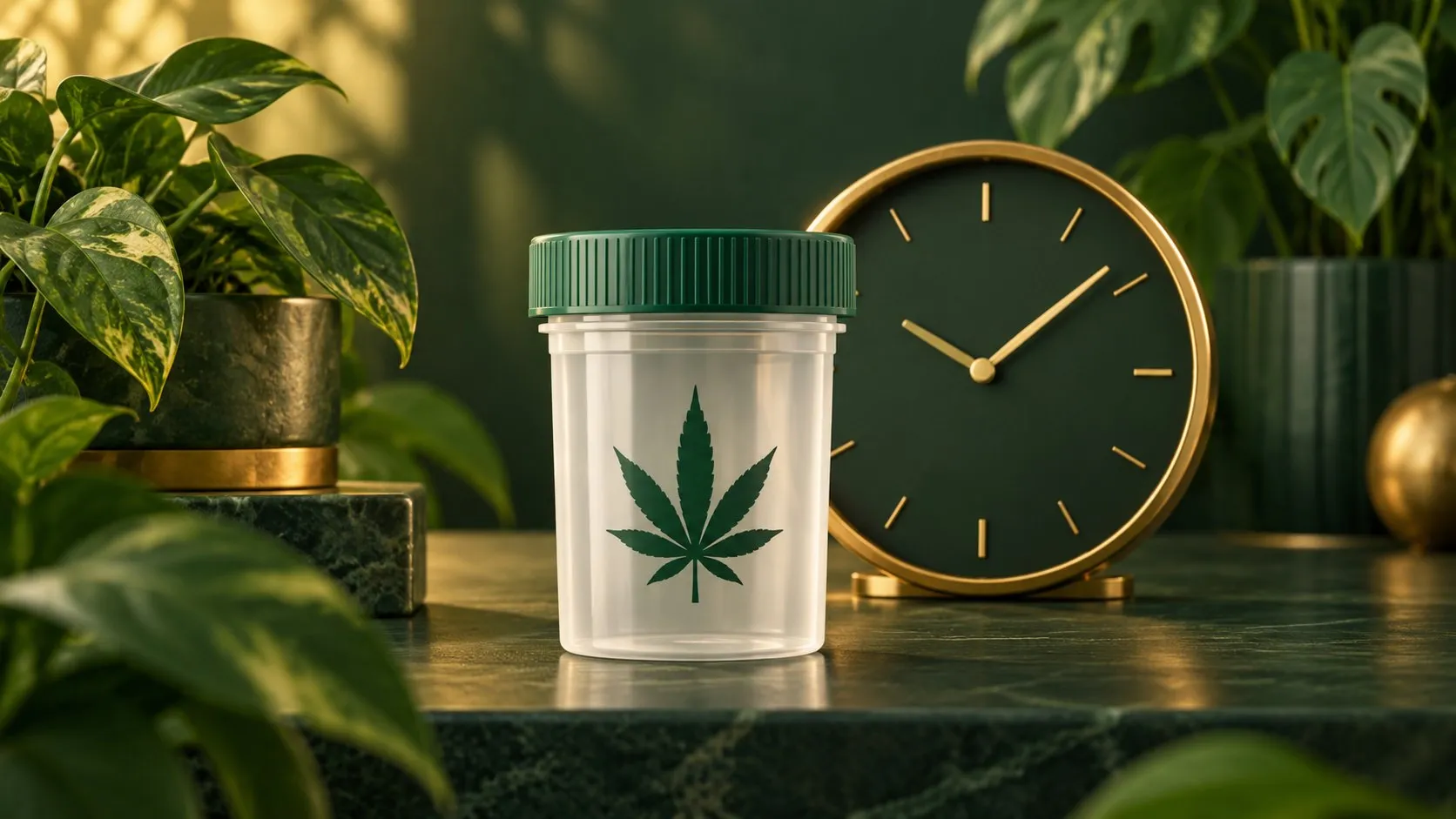 Illustration: neutrales Probengefäß, Cannabisblatt und abstrakte Uhr als Symbole für Nachweisbarkeit und Zeit
