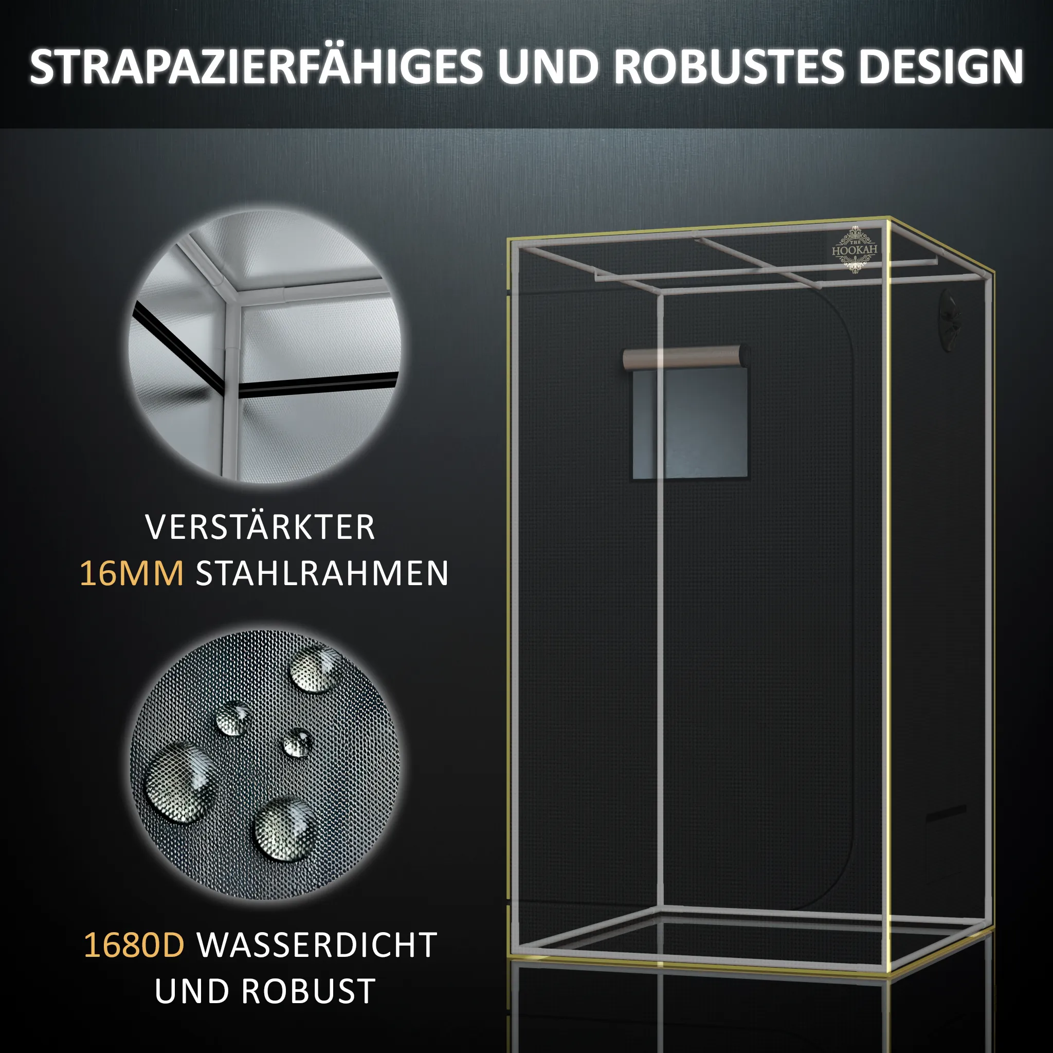 Gestell des D1680-Growzelts 100 × 100 × 180 cm mit Detailansichten der Stangen und Eckverbindungen
