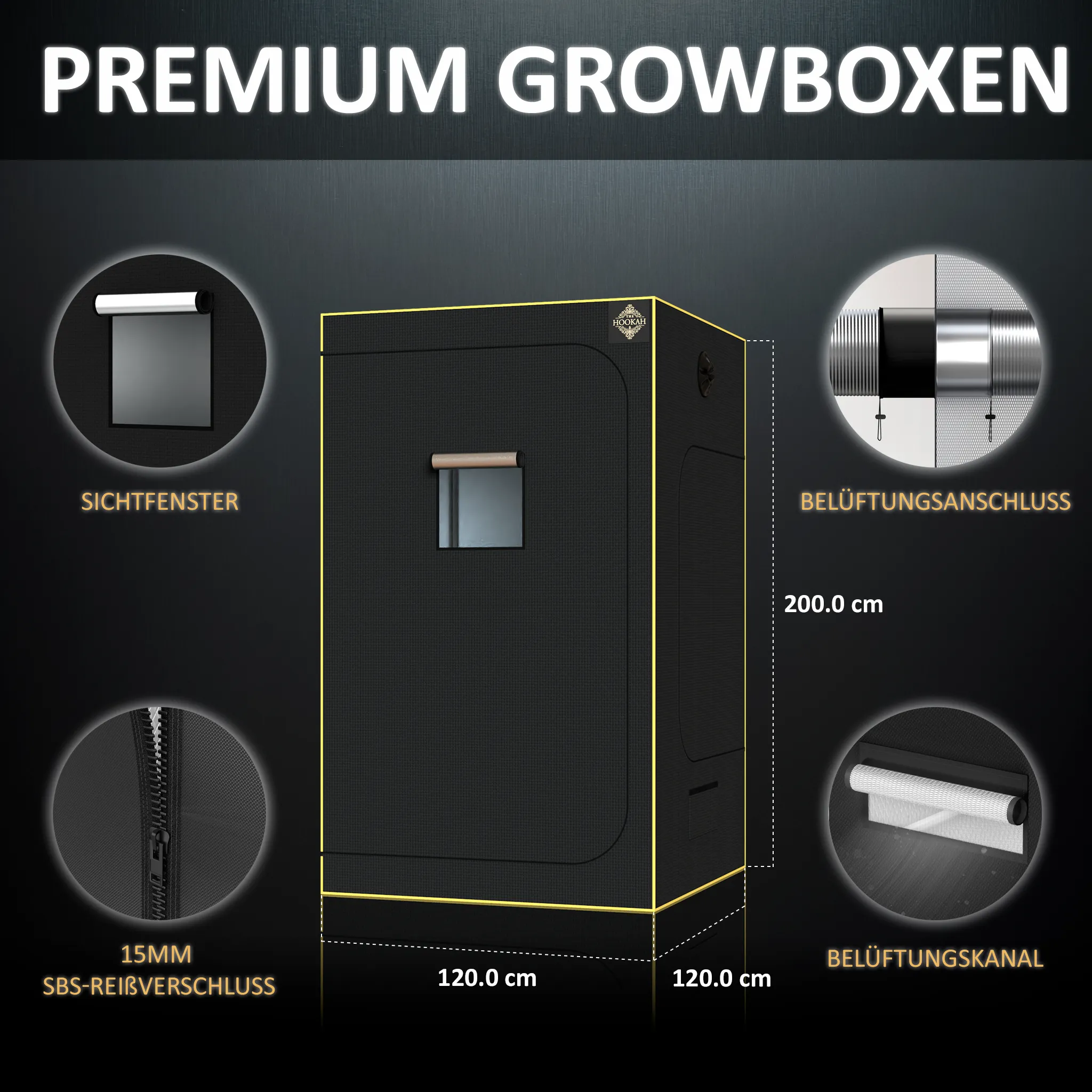 Maß- und Detailgrafik des D1680-Growzelts 120 × 120 × 200 cm mit Sichtfenster