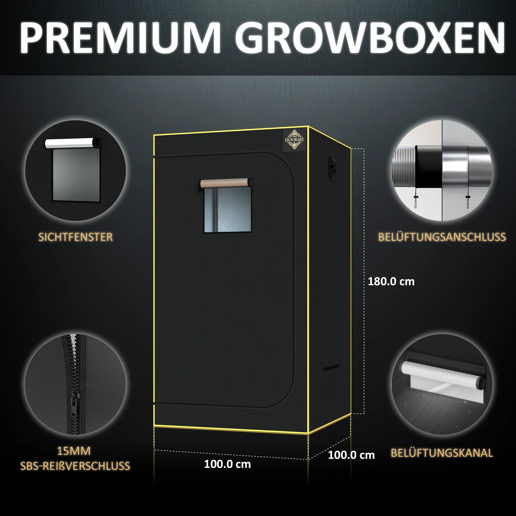 Maß- und Detailgrafik des D1680-Growzelts 100 × 100 × 180 cm mit Sichtfenster