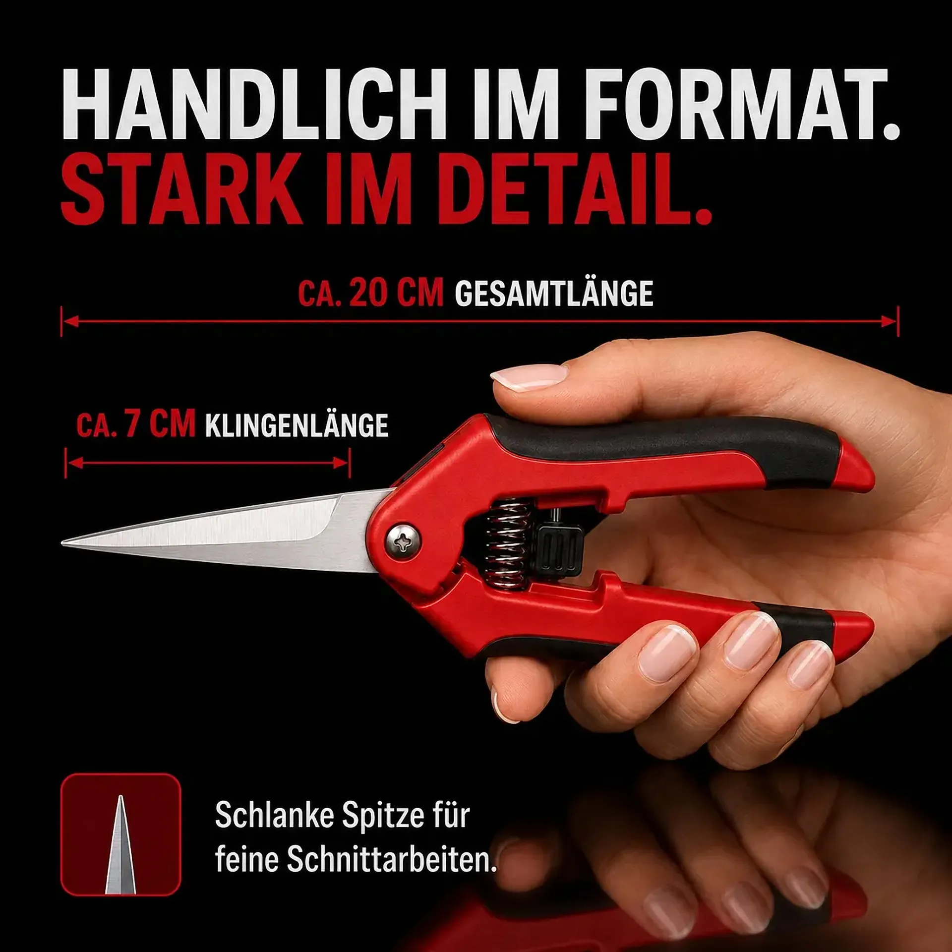Rote Ernteschere mit 20 cm Gesamtlänge und 7 cm langer Klinge
