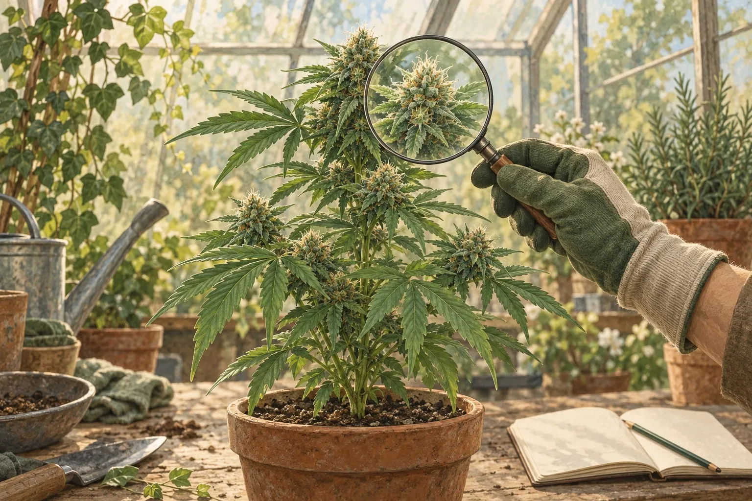 Illustration: Sichtprüfung einer Cannabisblüte mit Lupe und Notizbuch