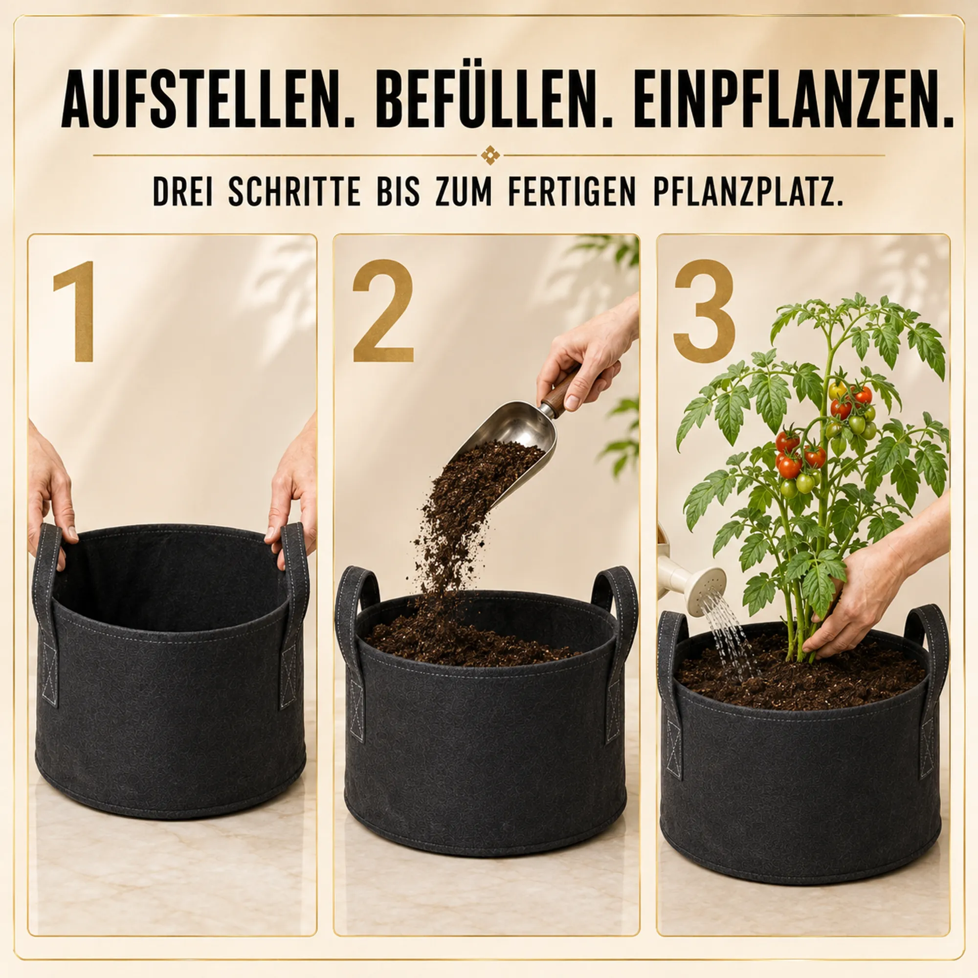 Pflanzsack in drei Schritten aufstellen, befüllen und bepflanzen