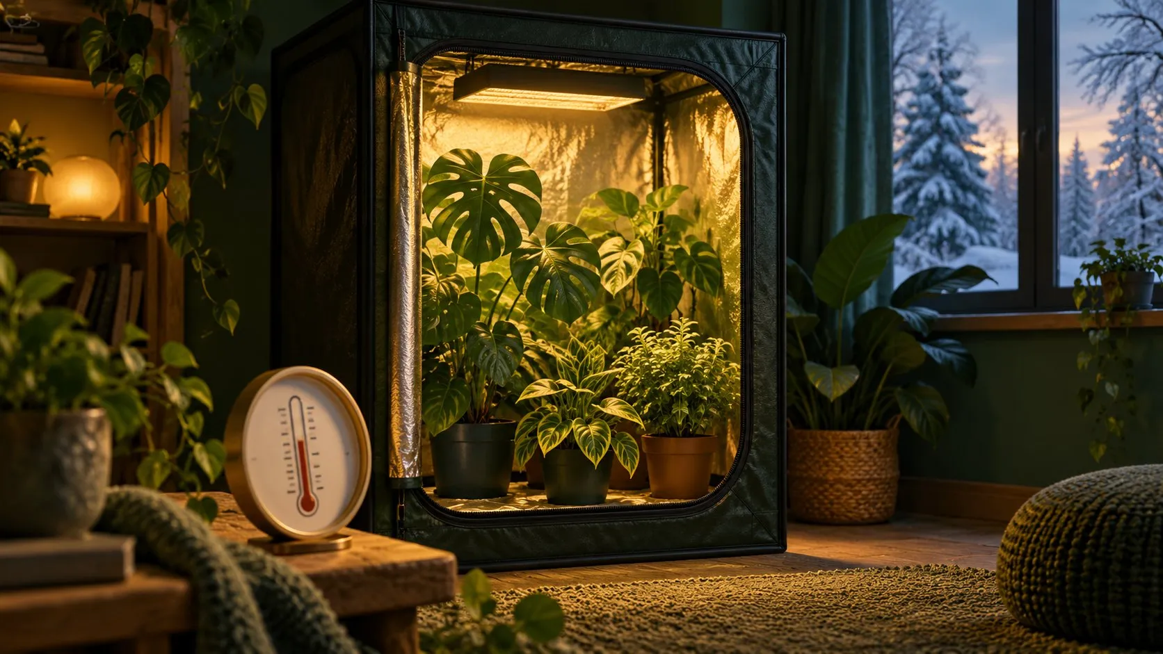 Illustration: Growbox mit Pflanzen und Thermometer vor kühlem Fenster als Symbol für Temperatur im Winter