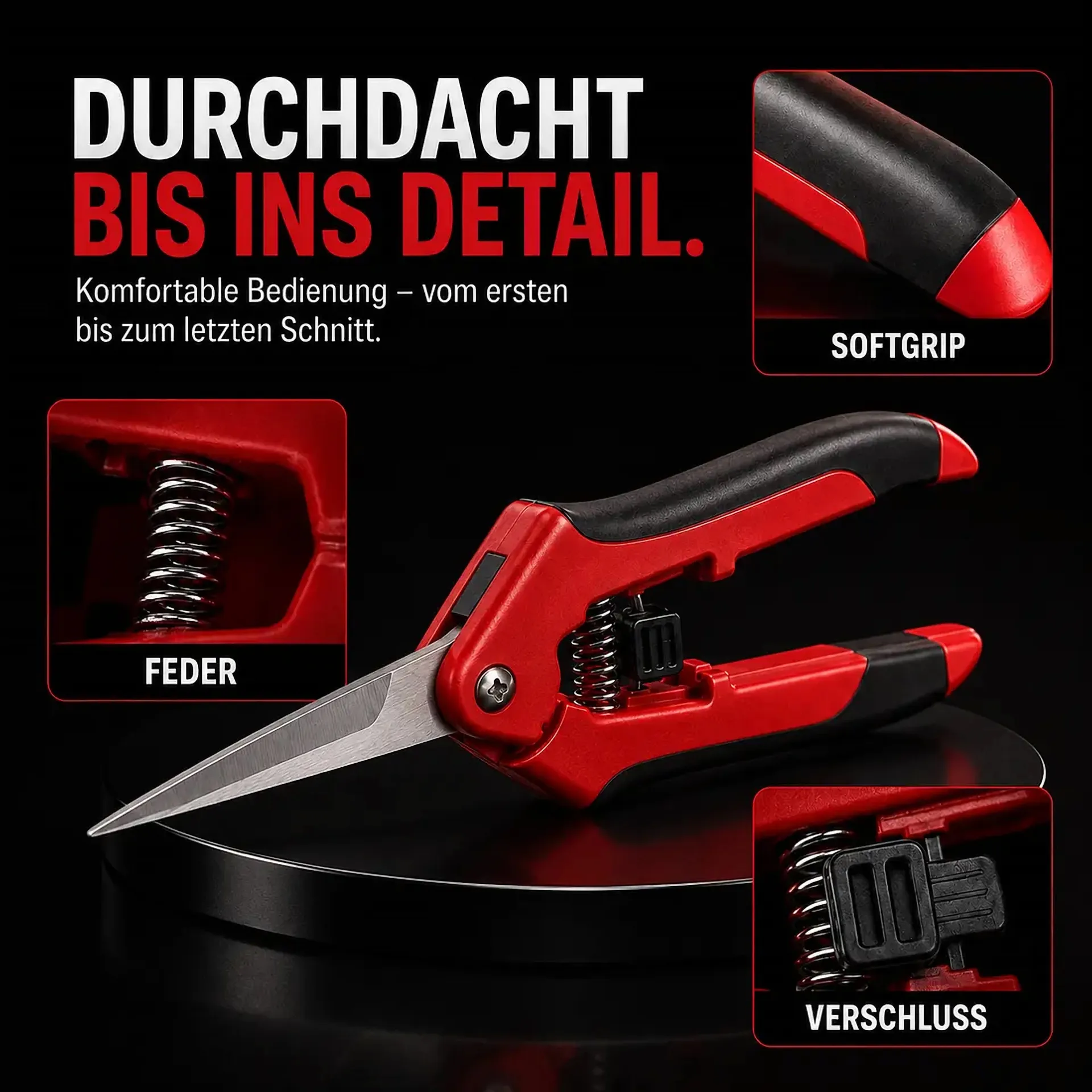 Griff, Feder und Sicherheitsverschluss der roten Ernteschere