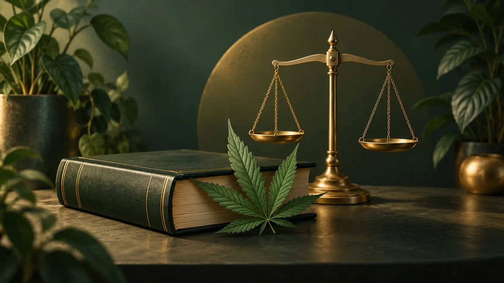 Illustration: Cannabisblatt neben einem Gesetzbuch und einer Waage als Symbol für den rechtlichen Rahmen