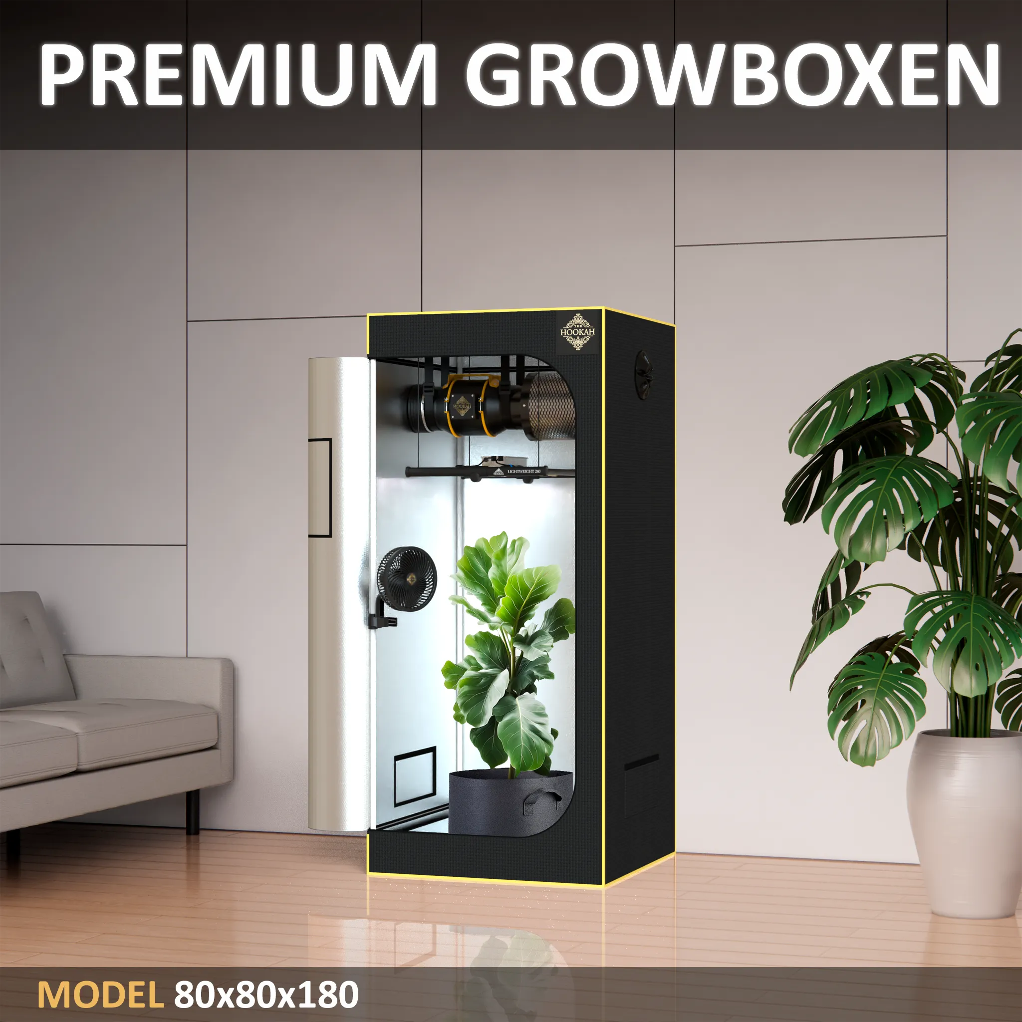 D1680-Growzelt 80 × 80 × 180 cm mit abgebildeten Pflanzen und Zubehör in einem Wohnraum