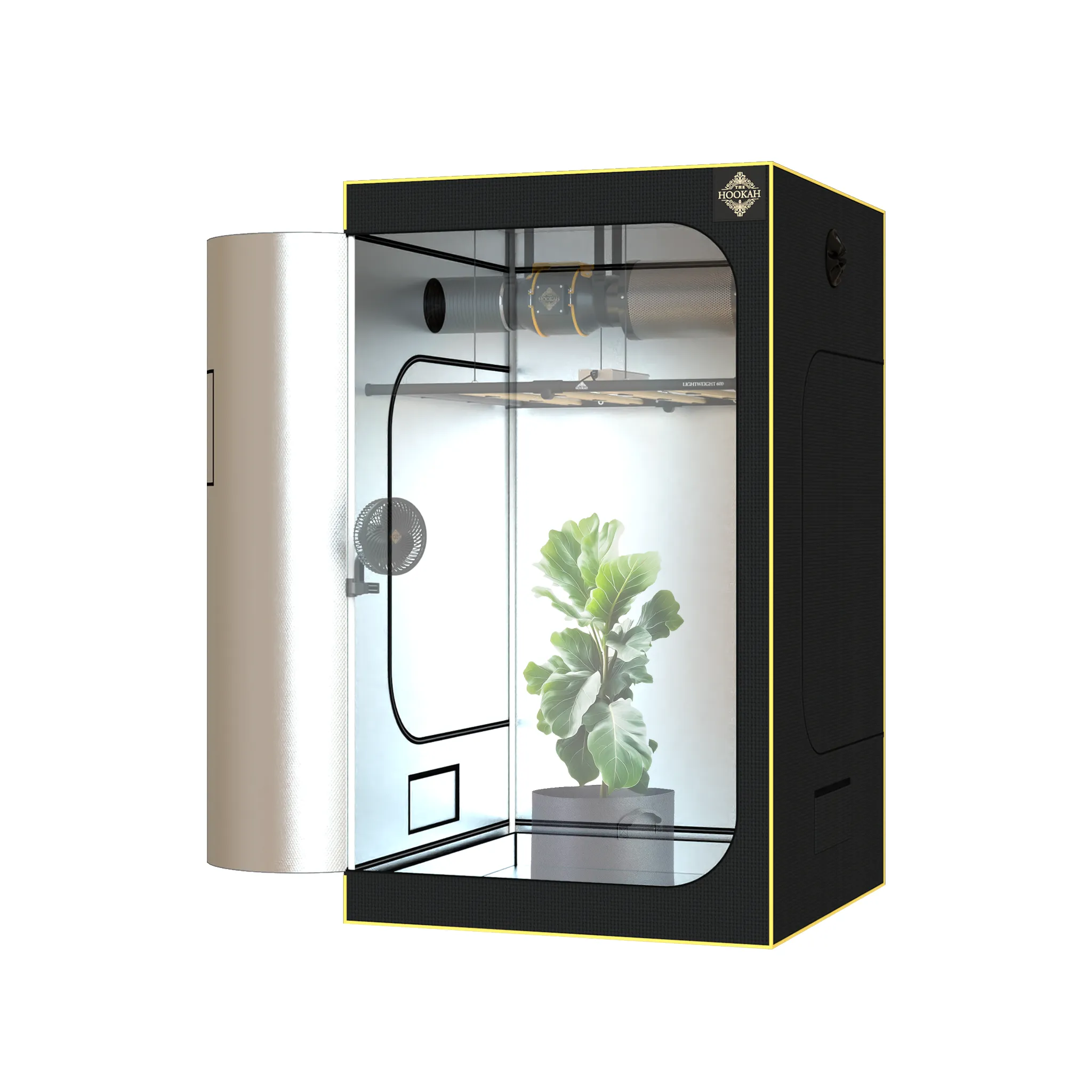 Offenes D1680-Growzelt 120 × 120 × 200 cm mit abgebildeten Pflanzen und Zubehör