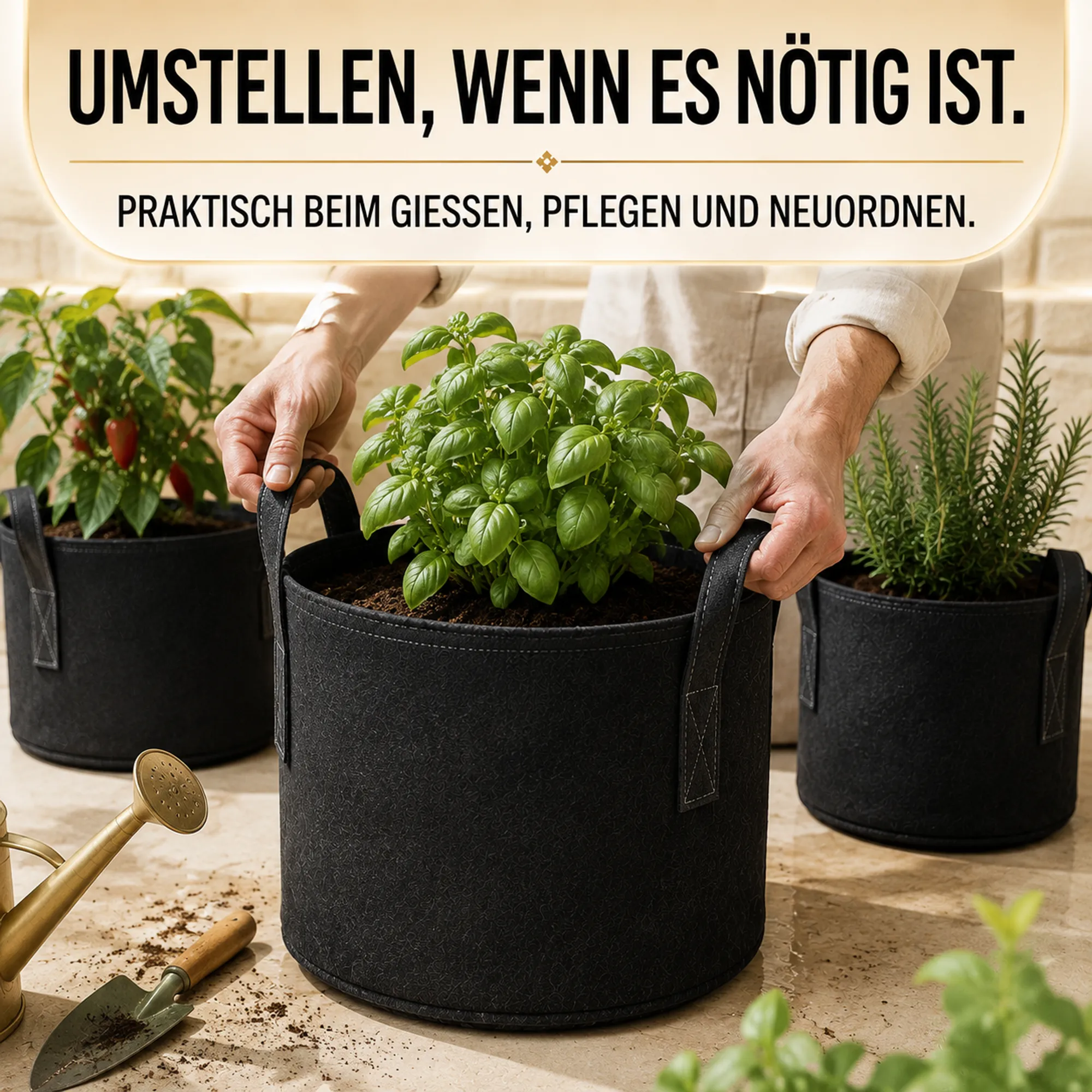 56-Liter-Vlies-Pflanzsack wird an zwei Griffen versetzt