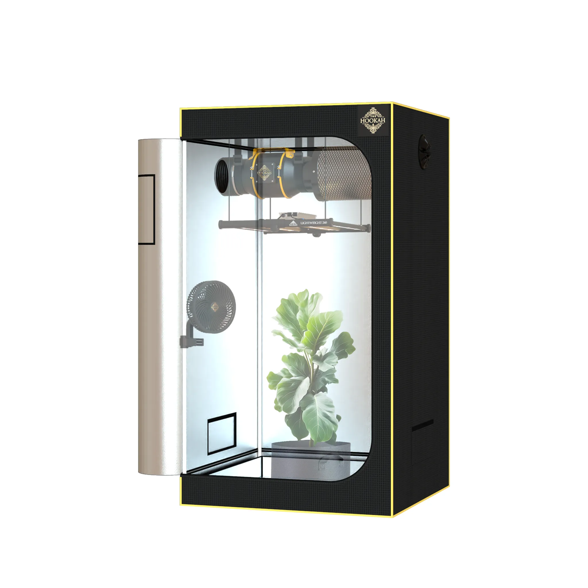 Offenes D1680-Growzelt 100 × 100 × 180 cm mit abgebildeten Pflanzen und Zubehör