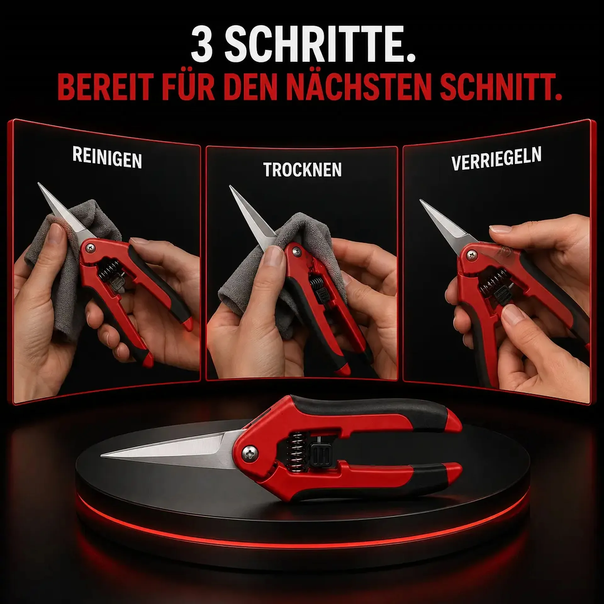 Ernteschere in drei Schritten reinigen, trocknen und verriegeln