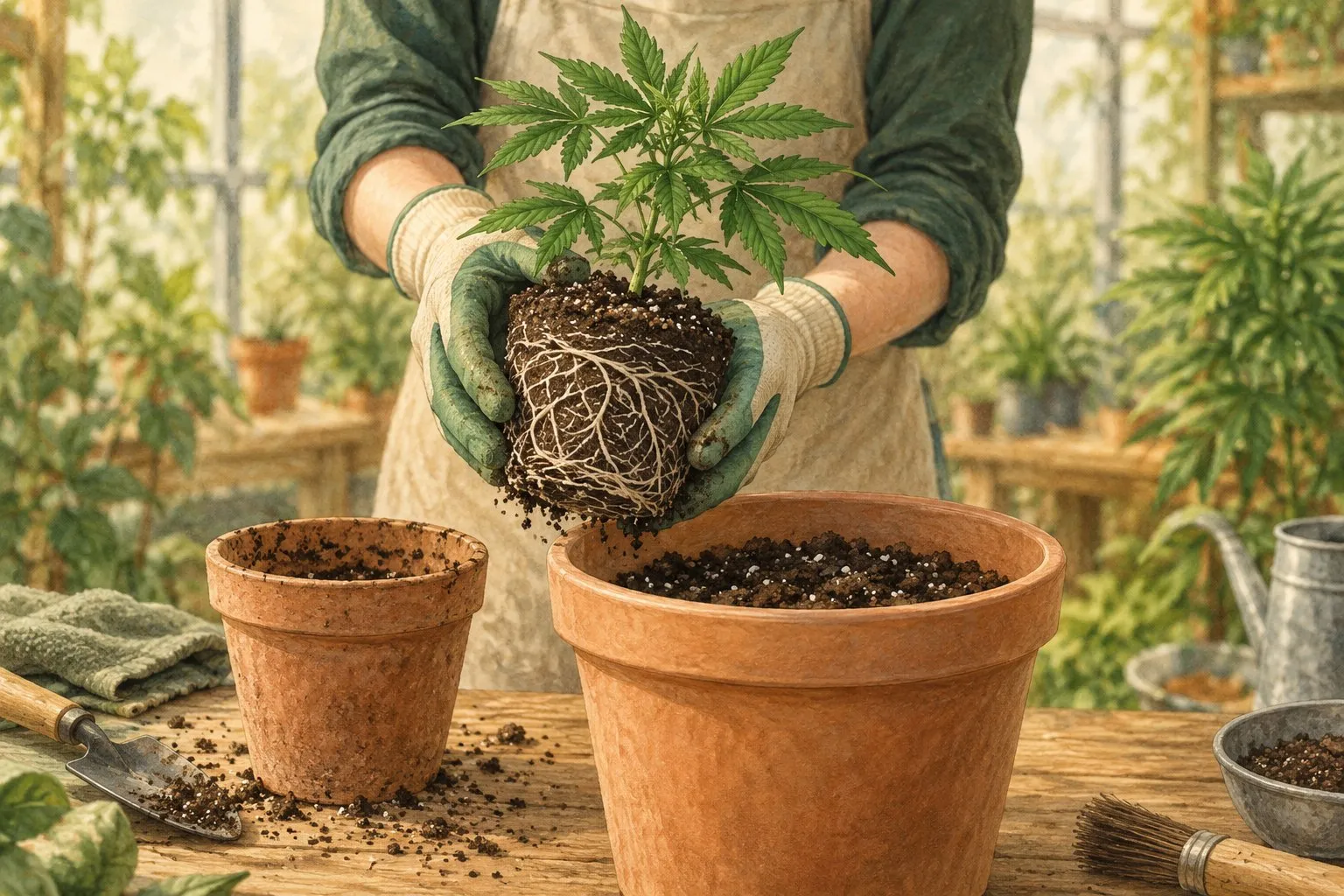 Illustration: Junge Cannabispflanze mit Wurzelballen beim Umtopfen