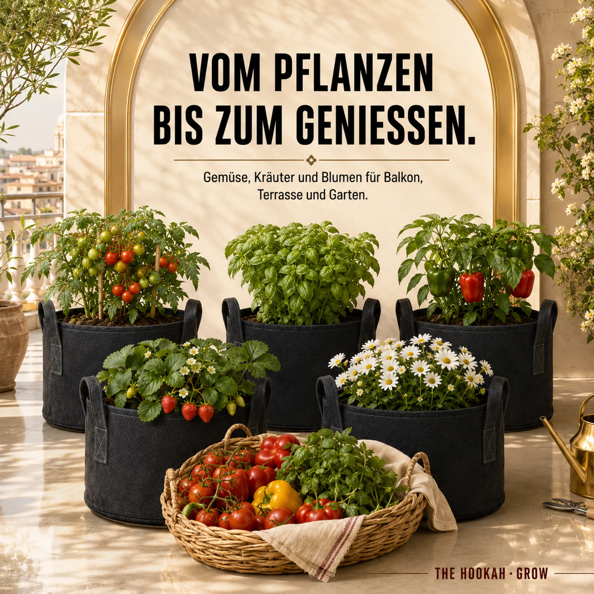 Schwarze Vlies-Pflanzsäcke mit Gemüse, Kräutern, Blumen und Obsternte